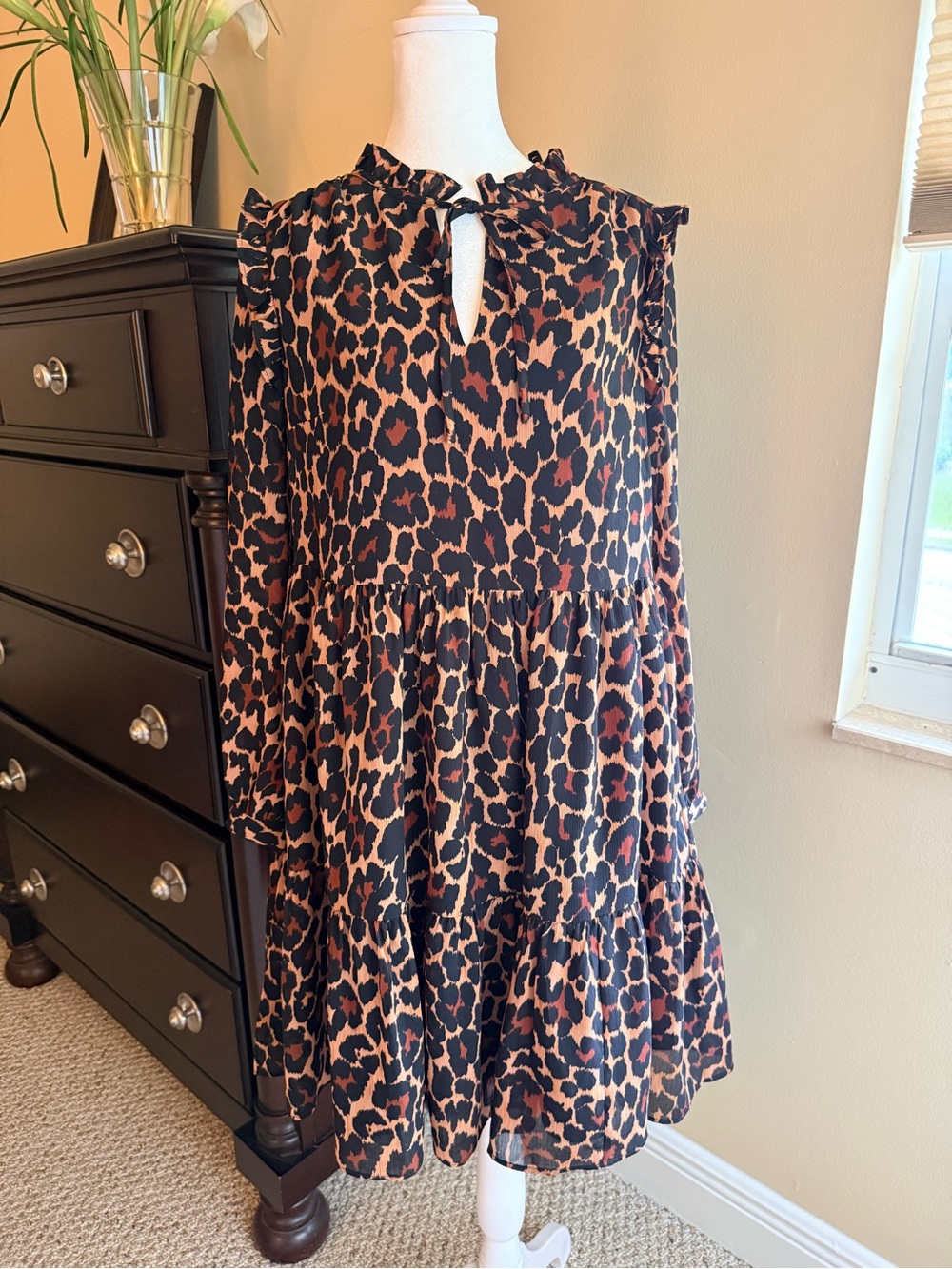 J.Crew Leopard Print Tiered Ruffle Dress Long Sleeve | Size S